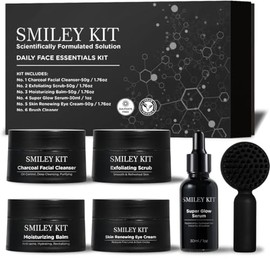 Premium Facial Care Kit (6 pcs kit ): Charcoal Facial Cleanser + Exfoliating Scrub, Moisturizing Balm + Super Glow Serum + Skin Renewing Eye Cream & FREE Brush Cleanser Complete Skin Care