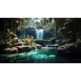 Waterfall Aquarium Background Tropical Rainforest Fish Tank Background Flowers Green Leaves Tranquil Lake Reptile Tank Background Tropical Jungle Garden Reptile Enclosure Backdground 24x12in
