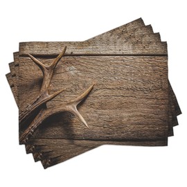 Ambesonne Antlers Place Mats Set of 8, Deer Antlers on Wood Table Rustic Texture Surface Hunting Season Fall Gathering Art, Washable Fabric Placemats for Dining Table, Placemat 8 pcs, Umber