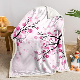 AILONEN Cherry Blossom Throw Blanket,Fleece Sherpa Blanket,Pink Sakura Flowers Blanket for Girls Women,Soft Cozy Bed Sofa Couch Blanket for Bedroom Living Room 47 x 31 Inches