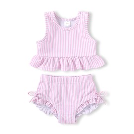 HAPPYMA Baby Swimsuit Toddler Girl Bathing Suit Summer Stripe Bikini Set Beach Two Piece Swim Wear (Pink, 12-18 Months)