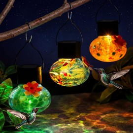 3 Pcs 3.54 Inch Blown Glass Hummingbird Feeders Solar Powered Hummingbird Feeder with LED Light for Garden Outdoors Window Decor Valentine Hanging Gifts Ant and Bee Resistant(Classic Colors)