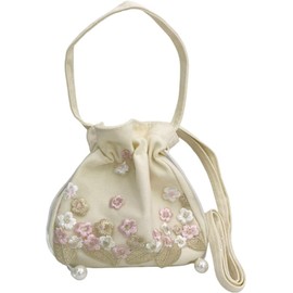 Liebendo Drawstring Bag, Shoulder Bag, Handbag, 2-Way, Drawstring Pouch, Pochette, Embroidery, Floral Pattern, Yukata, Kimono, Summer Festival, Handbag, Lightweight, Crossbody Hanging, Boho, Pink