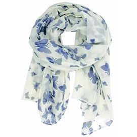 World of Shawls New Ladies Women Celebrity Style Long Scarf Scarves Maxi Sarong (White with Blue Butterfly)