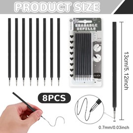 HABNI Pack of 8 Erasable Refills Black, Compatible with Legami, Erasable Gel Pen Refill Set, Pen Tip 0.7 mm, Height 13 cm, Pen Tip (Black)