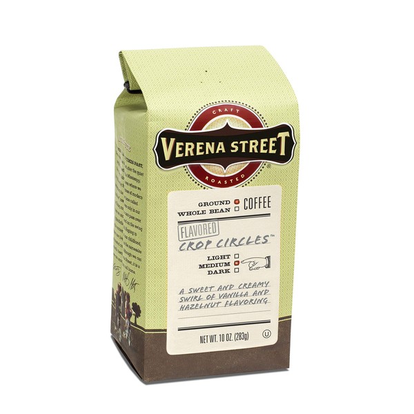 Verena Street 10 Ounce Flavored Ground Coffee, Crop Circles Vanilla Hazelnut, Medium Roast, Rainforest Alliance Certified Arabica Coffee