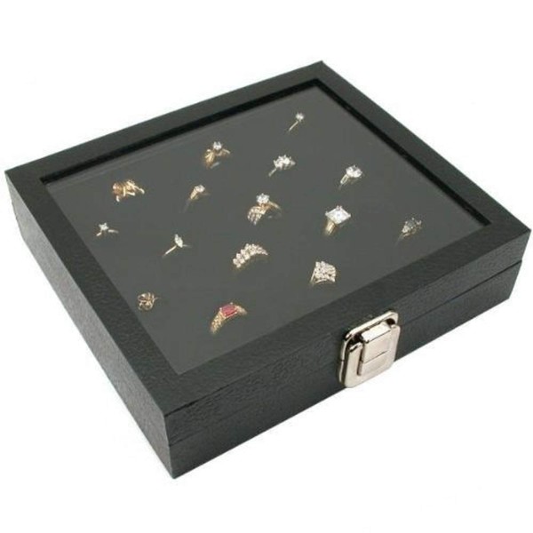 Novel Box Half-Size Glass Top Black Jewelry Display Case + Black 36 Slot Ring/Cufflink Display Insert + Custom NB Pouch
