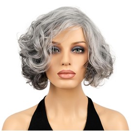Lydell 8" Curly Short Wigs Side Part Heat Resistant Synthetic for Daily Use Cosplay Gray Silver Dark Brown Mix