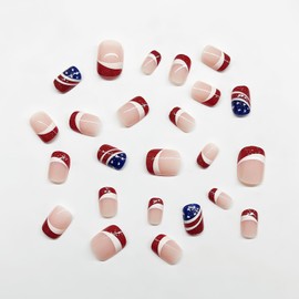 24Pcs 4th of July Press on Nails Short Square French Tip Fake Nails with Glitter Glue on Nails American Flag Acrylic Nails Independence Day False Nails Patriotic Nail Tips Stick on Nails for Women