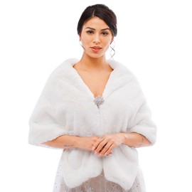 Obmyec Women's Faux Fur Shawl Wedding Faux Fur Wrap Bridal Faux Fur Stole Fur Scarf Capefor Bride and Bridesmaids (White)