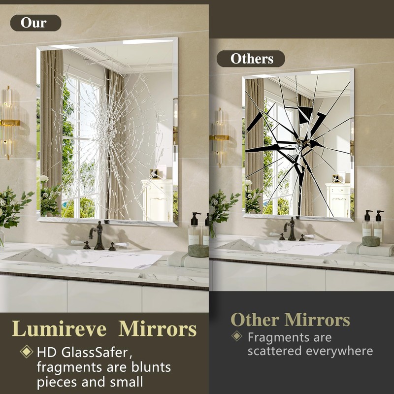 Frameless Bathroom Mirror, 18" x 26" Beveled Wall Mirror