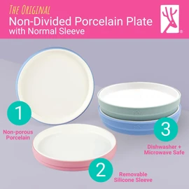Elk and Friends Kids 7.8” Porcelain White Plates with Silicone Sleeves | Suitable for Babies/Toddlers | Microwave & Dishwasher Safe | Non Slip Dinnerware | Snack Dishes | 2 Pack