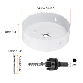 HARFINGTON Bi-Metal Hole Saw Kit 143mm (5-5/8") Hole Cutter Set with 1pcs 7/16" Hex Shank Arbor 2pcs 1/4" Center Drill Bits 2ps Springs 1pcs Wrench for Wood Plastic Soft Metal