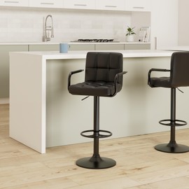 Huracan Bar Stool Set of 2 Swivel Counter Height Bar Chairs with Arms and Back - Black (Black Base, 2pcs)
