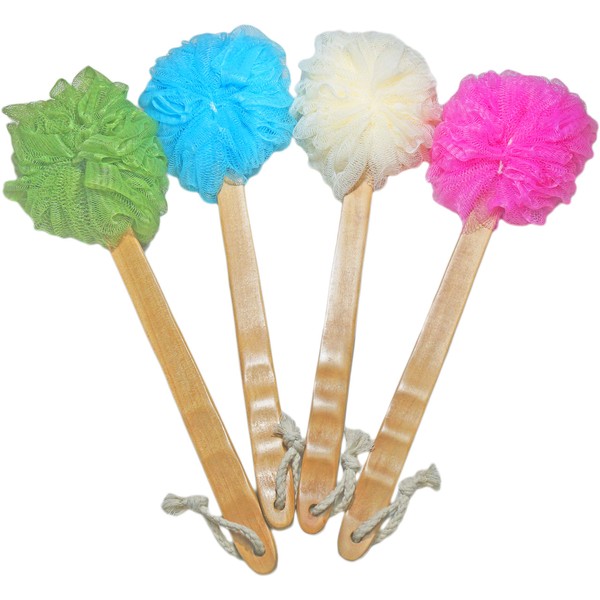 4 Pack Shower Loofah Body & Back Scrubber - Exfoliating Loofah luffa loofa Bath Brush On a Stick - with Long Wooden Handle Back Brush for Men & Women - Easy Reach Body Wash & Lotion Applicator