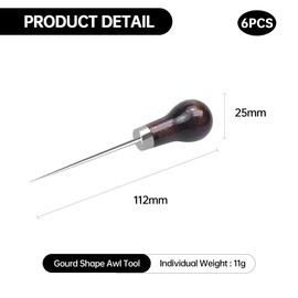 ZenithQuest 6 Pack Gourd-Shaped Sewing Awls, Professional Tailors Awl Tool with Wooden Handle, for Sewing, Leather Perforating, Needle Removal & DIY Crafting