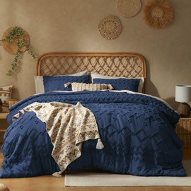 King Size Navy Blue Comforter Set - Tufted Shabby Chic, 3 Pieces for All Seasons, Includes Comforter & 2 Pillow Shams