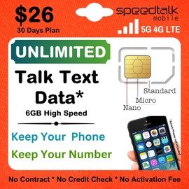 SpeedTalk Mobile Preloaded SIM Card for iOS Android 5G 4G LTE Smart Phones | Unlimited Data Talk & Text for 30 Days | 3 in 1 Simcard Standard Micro Nano | No Contract US Coverage ($26 Phone SIM Kit)