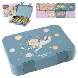 BEARFOOT Brotdose Kinder mit Fächern, BPA frei, Lunchbox, Bento box, Brotbox, Brotdose Mädchen & Jungen, Snackbox mit Trennfächern, Vesperbox für Kindergarten, Schule, groß (Blau - AstroBär)