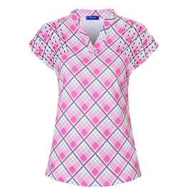 Moydan Ladies Golf Shirts,Womens Polo Shirts Cap Sleeve Sport Shirts Workout Athletic Tops Breathable Lightweight Quick Dry Running Shirts Pink Flower X-Large