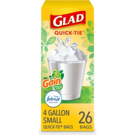 Glad Trash Bags, OdorShield Small Garbage Bags, Gain Original with Febreze Freshness, 4 Gallon, 26 Count, 26 ct