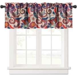 AuiMzoo Boho Kitchen Valance Curtains, Traditional Geometric Ethnic Beautiful Floral Style Rod Pocket Valance, 1 Panel Bathroom Bedroom Living Room Window Curtains Decor 54x18 Inches
