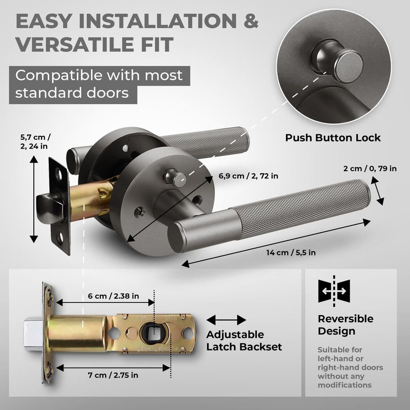 Litlheim Privacy Knurled Grey Door Handle - Durable, Stylish Interior