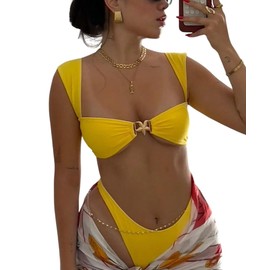 SOLY HUX Women's Bikini Set High Cut Bathing Suits 2 Piece Summer Cheeky Swimsuits Pure Yellow Small