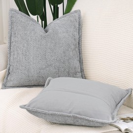 Madizz Set of 2 Chenille Velvet Cushion Covers with Flange Soft Boho Textured Throw Pillow Covers Broadside Pillowcases Modern Farmhouse Home Decor for Sofa Bedroom Grey 18x18 inch, 45x45 cm