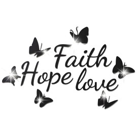 Gripebao Faith Hope Love 3D Acrylic Mirror Wall Decor Stickers, Butterfly Faith Hope Love Wall Decal, Peel and Stick Motivation Letter Wall Sayings Vinyl Lettering Art Quotes for Home Bedroom, Black