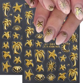 CharmeFleur 4 Blätter Sommer Nagelsticker Für Nageldesign, 5D Relief Gold Ozean Nagelaufkleber Seestern Schildkröte Palme Tropischer Strand Sommer Nagelzubehör Für Frauen Mädchen