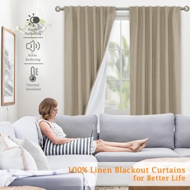 LAMIT Linen 100% Blackout Window Curtains for Bedroom, 45 Inches Linen Textured Thermal Farmhouse Curtains Back Tab and Rod Pocket Window Panels with White Liner, 2 Panels, 52 x 45 Inch, Taupe