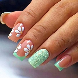 Acrylic Press on Nails Square Medium Fake Nails Press ons Green French Tip Stick on Nails White Flower Silver Glitter Glue on Nails Nude Full Cover Artificial False Nails for Girls 24Pcs