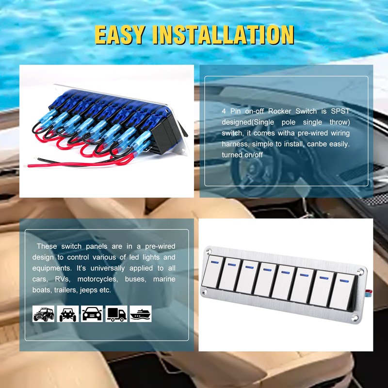 GGTA 8 Gang Marine Boat Rocker Switch Panel Waterproof,12-24V Pre-Wired