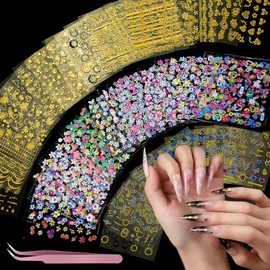 Teenitor - 50 hojas de pegatinas para uñas, pegatinas de flores para uñas, calcomanías florales doradas para el diseño de uñas, accesorios decorativos para uñas para mujeres, niñas, niños, verano