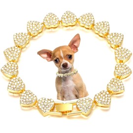 Pimaodog Dog Chain Collar, Heart Style Bling Diamond Cuban Link Dog Collars Glitter Chain Rhinestone Puppy Necklace for for XXS XS Small Medium Pet Dogs Cats (Gold, 16 Inch)