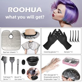 ROOHUA ROOHUA 16 Pieces Hair Dye Coloring Kit- Hair Tinting Bowl, Hair agitator, Dye Brush, Ear Cover, Hairpin, Hair Coloring Cape For Hair Dye Tools