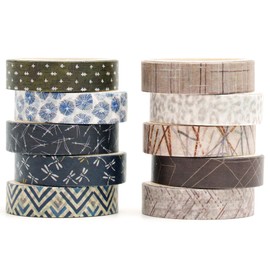 Songdao 10 Rolls Fantasy Washi Tape Set Texture Arts Adhesive Tapes Basic Patterns Decorative Masking Tape Sets for Craft, Kids, Scrapbook, DIY, Gift Wrapping (Style Two)