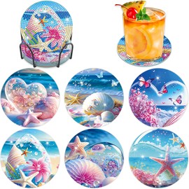 Lxmsja Beach Diamond Painting Coasters with Holder, Diamond Art Coasters Set of 6 for Adults Kids Beginners, DIY Funny Drinks Coasters with Cork, Craft Sets Gifts for Women Girls Kids