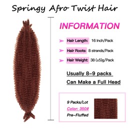 FFDDear 9 Packs Copper Red Pre-Separated Springy Afro Twist Hair 16 Inch Spring Twist Hair Marley Twist Crochet Braiding Hair for Soft Locs Hair Synthetic Hair Extensions for Women (16Inch,350)