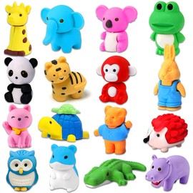 16 Pack Animal 3D Erasers Desk Pets for Kids Pencil Erasers Bulk Gifts for Classroom Prizes,Game Reward,Treasure Box,Goodie Bag Stuffers,Pinata Filler,Party Favors,Puzzle Mini Toys School Supplies