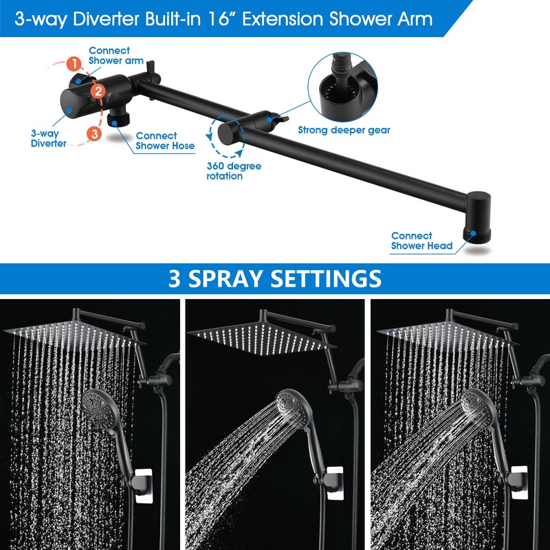 PDPBath 12" Rainfall Shower Head with Handheld Spray, Dual Rain