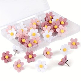 Flower Drawing Pins for Pinboard – 30PCS Pink & White Flower Push Pins with Storage Box - Decorative Pin Cork Board, Notice Board & Posters – Cute Resin Pinboard Pin for Wall & Cardboard Display