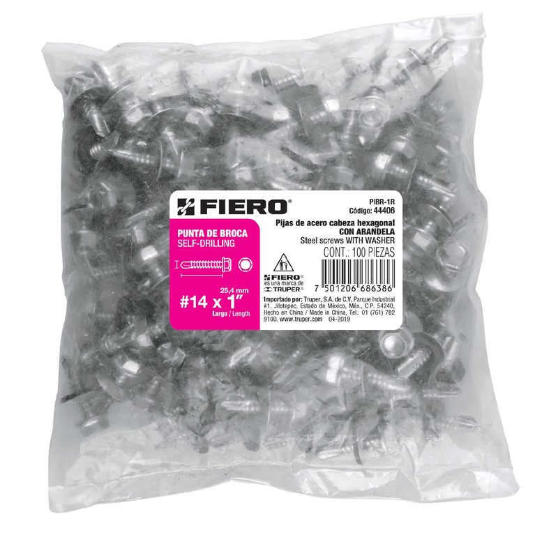 Fiero PIBR-1R, Pija hexagonal, punta broca c/rondanas 1", bolsa c/100
