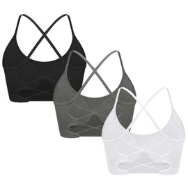 ANGOOL Sports Bras for Women Seamless Backless Criss Cross Strappy Sports Bra Without Underwire for Workout Gym Yoga, Black+Grey+White, M