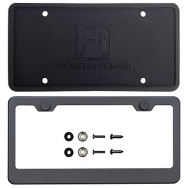 T304 Stainless Steel License Plate Frame Matte Black Powder Coated Universal Fit Aluminum Screw On Cap Cover, Rust Proof Weather Proof Stainless Steel Screws Silicone Back Guard (Qty: 1 Frame)