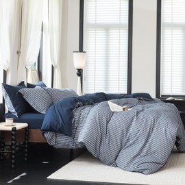 Warm Moment Reversible Duvet Cover Set 100% Washed Cotton Blue Stripe Linen Feel Duvet Cover King Size with Zipper Closure & 2 Pillow Shams,Navy/White Stripe Reverse Solid Navy