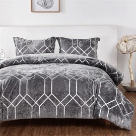Sunshine Nicole Metallic Print Comforter Set, Distressed Velvet Face with Metallic Print and Brushed Solid Microfiber Reverse, with Light Weight Soft Poly Fill, 3 Pieces Grey Silver, Queen