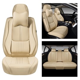 BWTJF Car Seat Covers Full Set, Front and Rear Seat Covers for Cars, Waterproof Leather Auto Seat Protectors with Head Pillow, Car Seat Cushions Fit for Most Sedans SUV Pick-up Truck, Beige