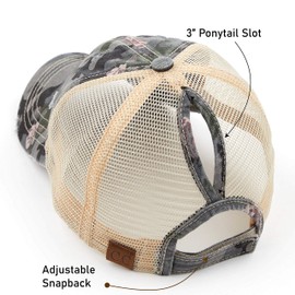C.C Washed Distressed Cotton Denim Ponytail Hat Adjustable Baseball Cap (BT-925) (A Floral Camo/Grey)